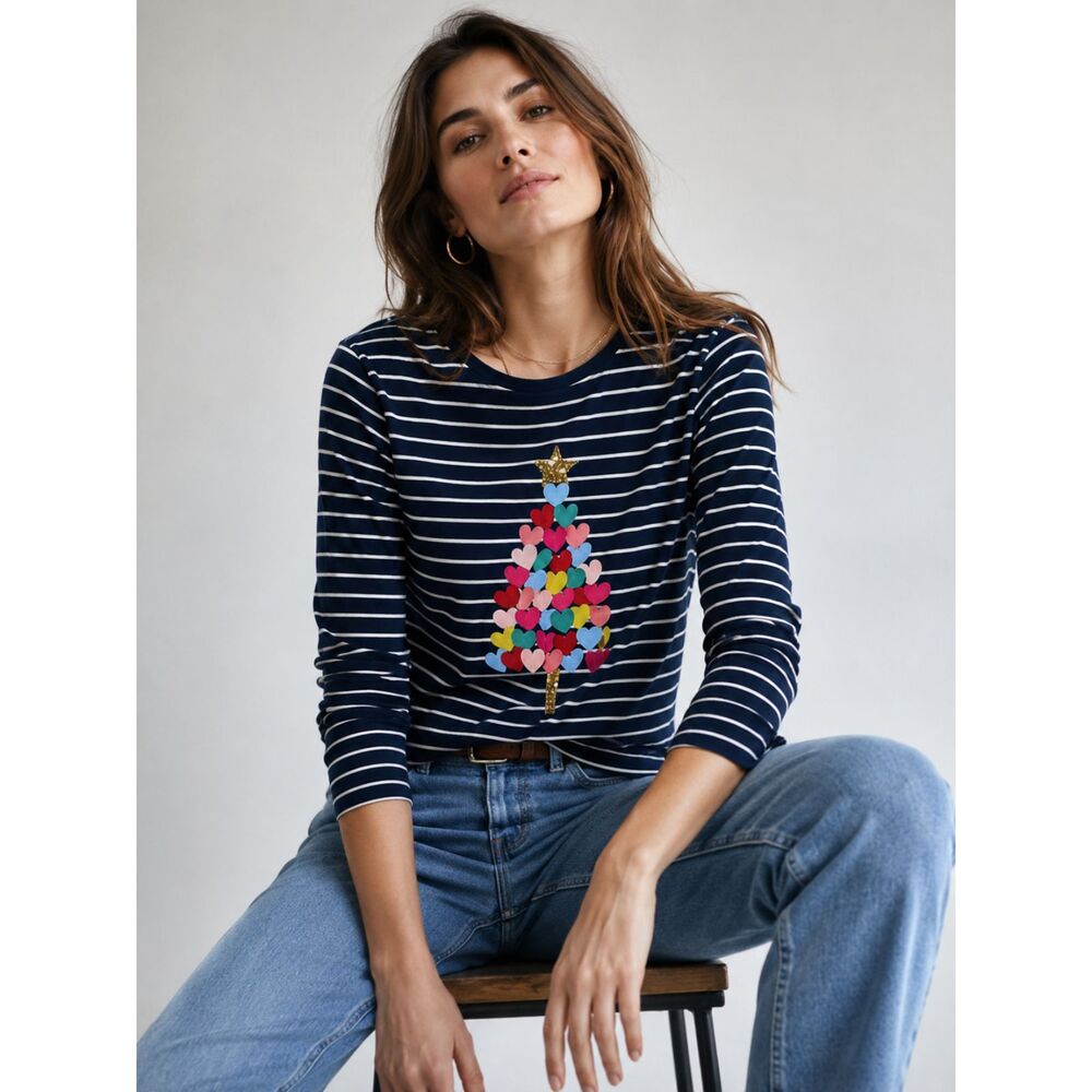 Joules Harbour Luxe Heart Tree Striped Top Women’s US 4 100% Cotton